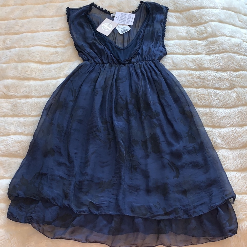 Navy Blue SILK Mini dress Layered sheer chiffon Silk Mini dress M nwt